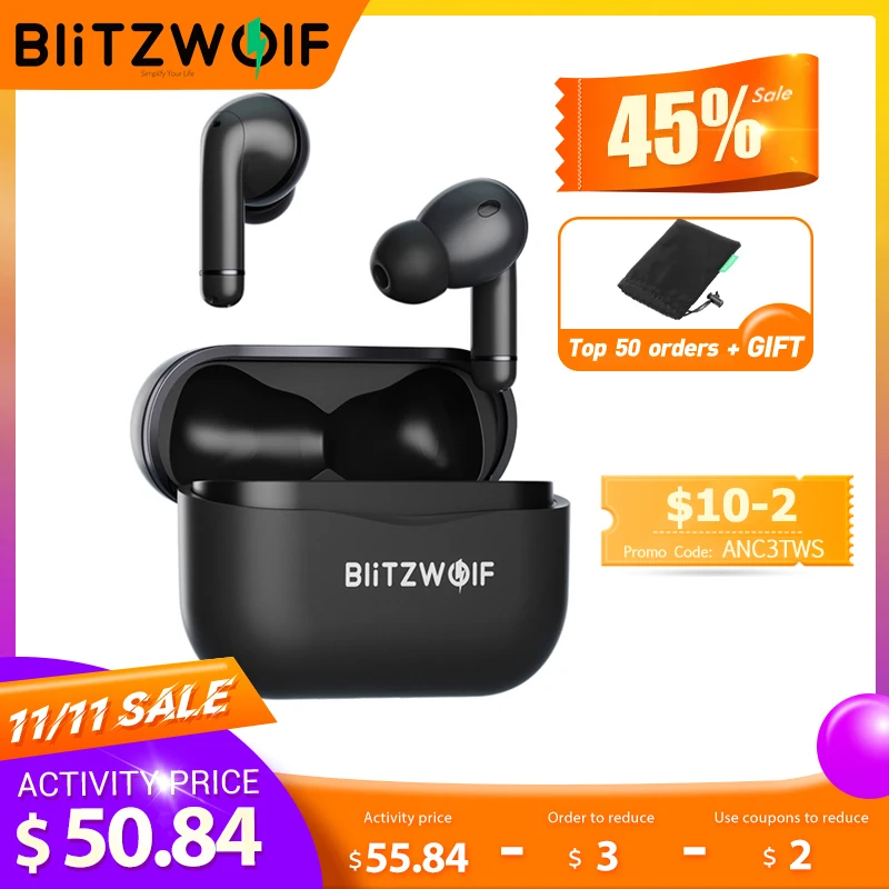BlitzWolf BW-ANC3 bluetooth-compatible BT Wireless TWS Earphones Active Noise Cancel HiFi Bass In-ear Earbuds Earphone with Mic 1