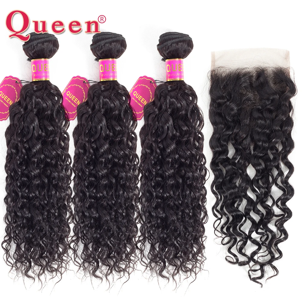 

Queen Hair Products Malaysian Water Wave 3/4Bundles With Lace Closure Human Hair Bundles With Closure Remy Weave Hair Extensions