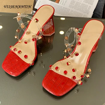 

Rivets Clear PVC Strap 2020 Summer Women Sandal Shoe Open Toe Transparent Chunky High Heel Fairy Beautiful Sandalias