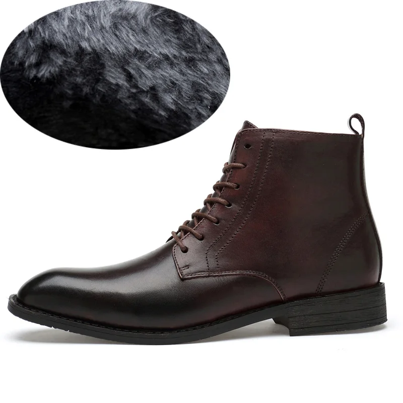 Зимние Для мужчин ботильоны челси из натуральной кожи телячья кожа, сделано вручную Высокое качество класса люкс Резиновые теплые мужская зимняя обувь# YY9206 - Цвет: dark brown add fur