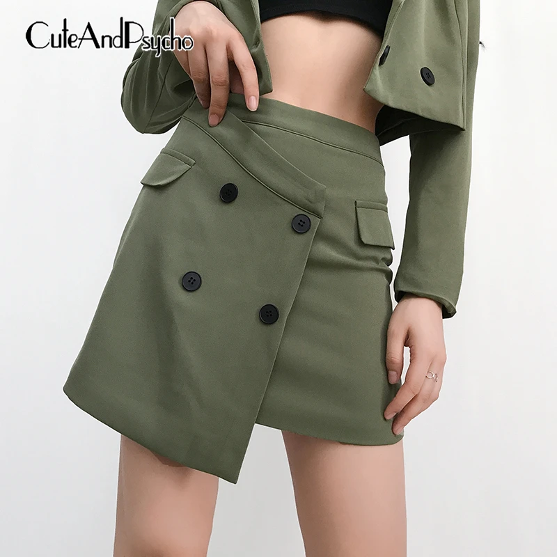 

2019 Skirts Women Solid Back Zipper Buttons Mini Skirts Ladies Vintage Summer Spring Army Green Casual streetwear Cuteandpsycho