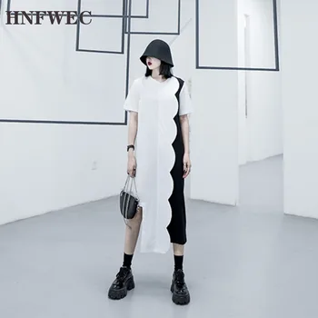 

Women Splcied Mixed Color Leisure Dress New Round Neck Short Sleeve Loose Fit Fashion Tide Spring Autumn 2020 T452