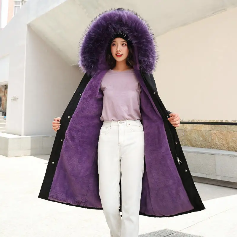 Хлопковая куртка-пуховик Для женщин-30 градусов, одежда для снежной погоды Длинные парки зимняя куртка Для женщин с оторочкой капюшона из искусственного меховой воротник Меховая подкладка зимнее пальто C5900 - Цвет: purple parkas