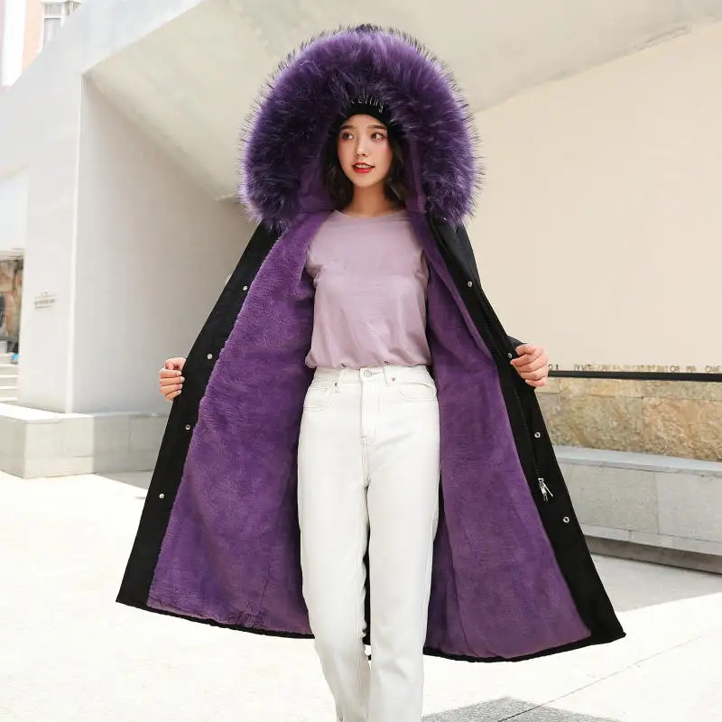 purple parkas Хлопковая куртка-пуховик Для женщин-30 градусов, одежда для снежной погоды Длинные парки зимняя куртка Для женщин с оторочкой капюшона из искусственного меховой воротник Меховая подкладка зимнее пальто C5900 - Цвет: purple parkas