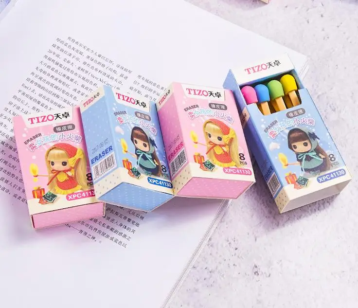 8 шт./упак. Kawaii для девочек спички коробка Цветной каучуковый карандаш Ластики для детей студентов подарок школьные канцелярские принадлежности