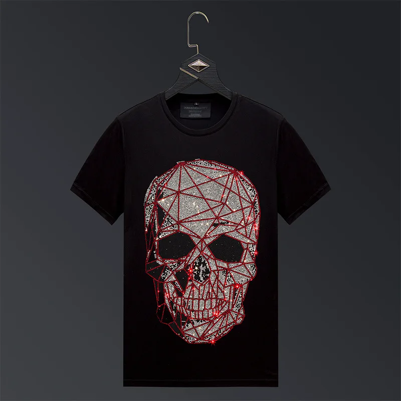 

Shiny Rhinestones Stripe Skull T Shirts Men Luxury Brand Short Sleeve Man Streetwear O Neck Slim Tshirts Calaveras Camiseta