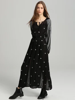 

Totem Embroidered White And Black Maxi Dress Autumn Women Tassel Pearl Embellished Belted Long Dress 2019 Vintage Ethnic Dresses