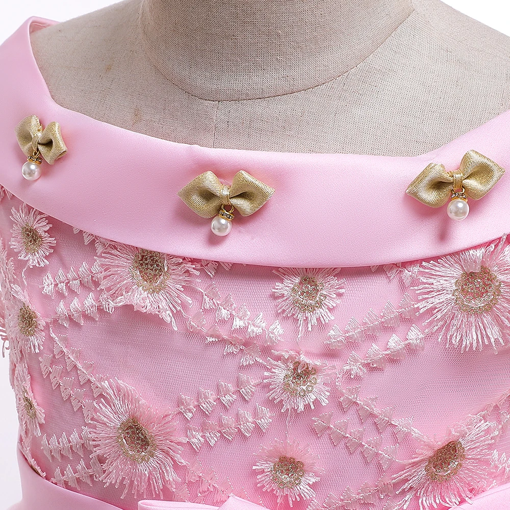 Розничная продажа, новый дизайн, розовое платье высокого качества с цветочным узором для девочек, детское платье принцессы для свадебной