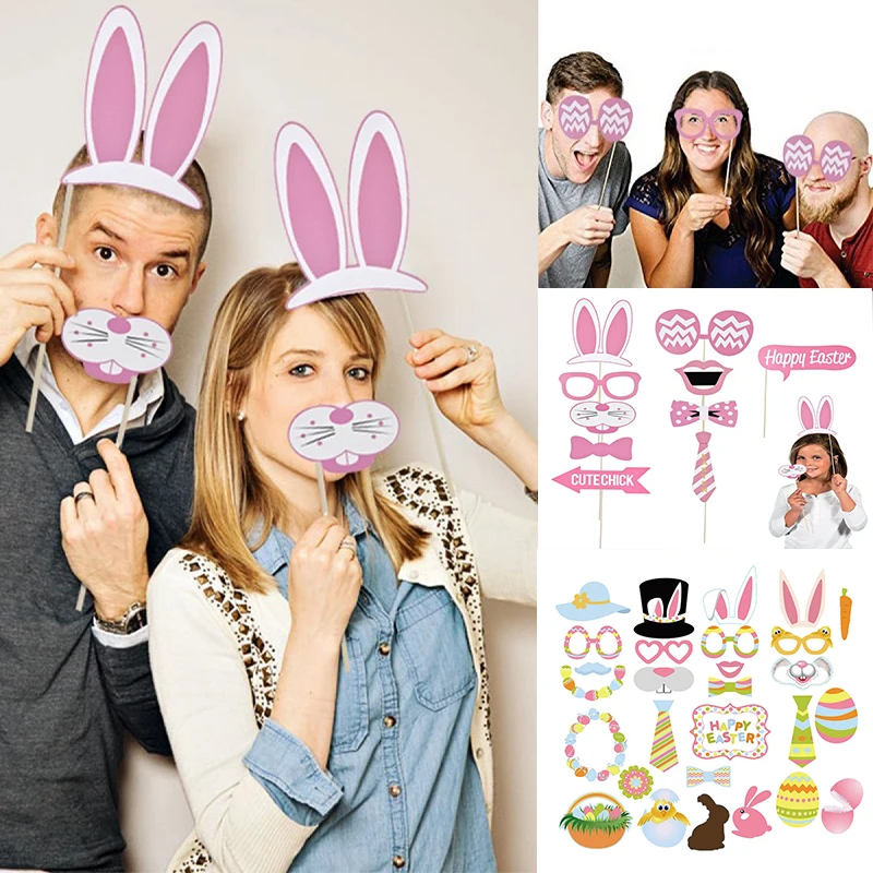 

1set Happy Easter Photo Booth Props Rabbit Eggs Masks Hat Creative Posing Props for Easter Party Decoration Supplies
