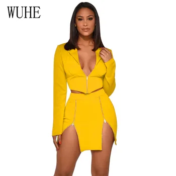 

WUHE Elegant Sexy Two Pieces Sets Crop Top Zipper High Waist Mini Skirt Suit Women Club Outfits Ladies Matching Sets
