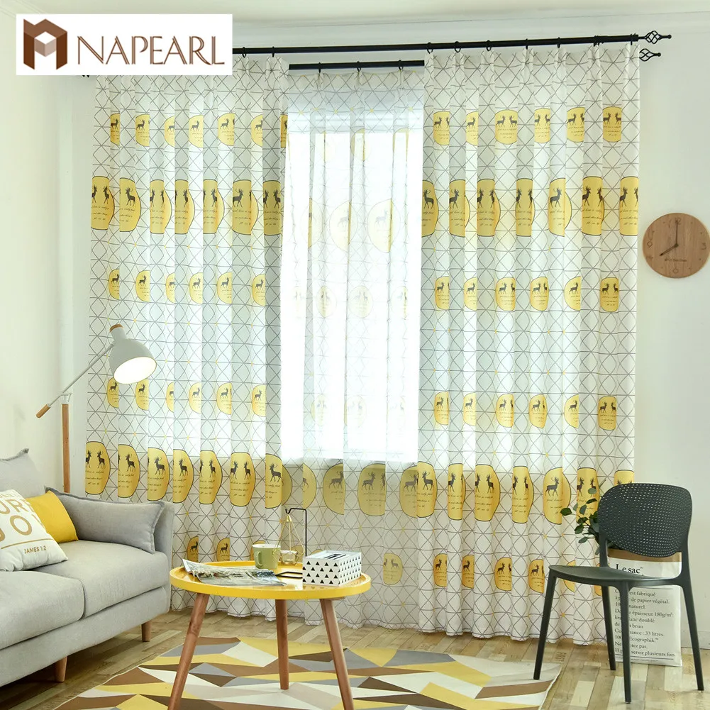 

NAPEARL 1 Piece Cartoon Design Semi Shade Curtain Bedroom Windows Home Decor Modern Fashion style Tulle Draperies Deer Plaid