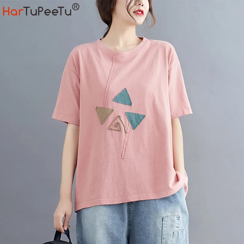 

T Shirt Cotton Women 2020 Summer Korean Loose Casual Tops Colour Block Patchwork Decorate 4 Colours Choose Plain Tees