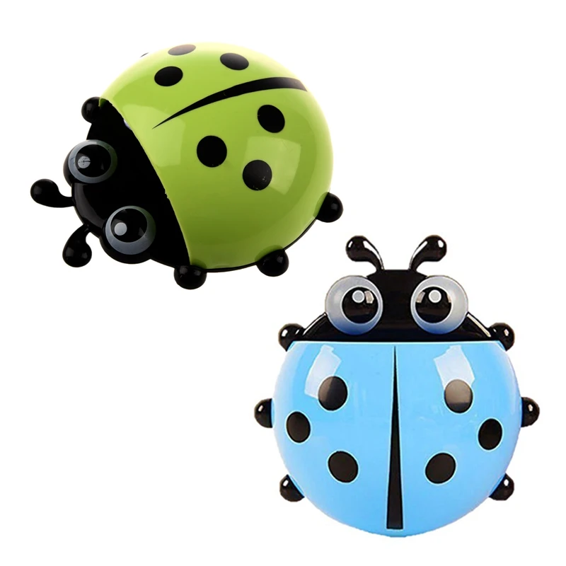 2 Pcs Convenient Bathroom Toothbrush Stuff Ladybug Wall Suction Holder, Green& Blue