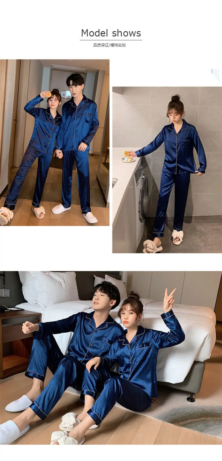 mens pjs Sleepwear Couple Silk Satin Solid Color Pajama Sets Long Button-Down Pijama Plus Size Home Clothes Pyjamas Women Men Loungewear men's cotton pyjamas