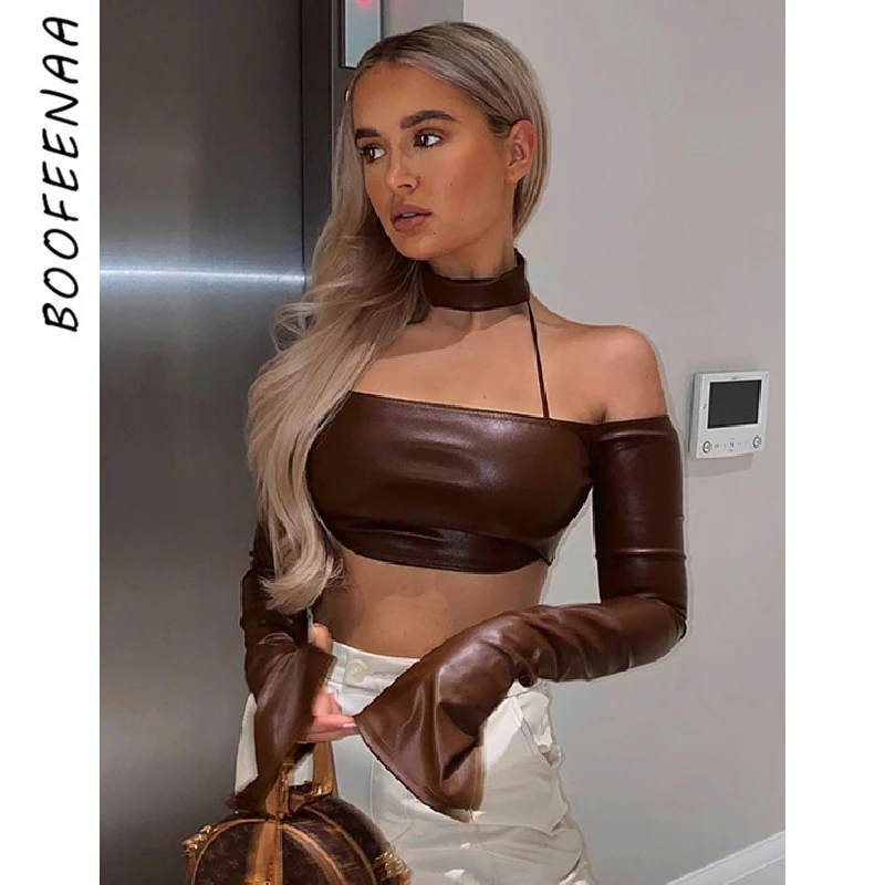 Leather off the shoulder top Clearance