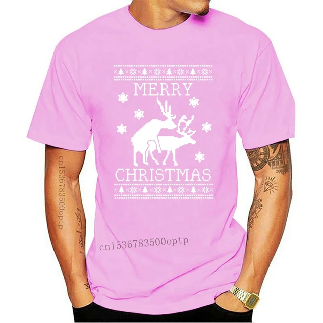 New 2021 Cotton Reindeer Humping Ugly Christmas Sweater T-Shirt Merry Xmas Party Present Gift Short-Sleeve T-Shirt PinkMen