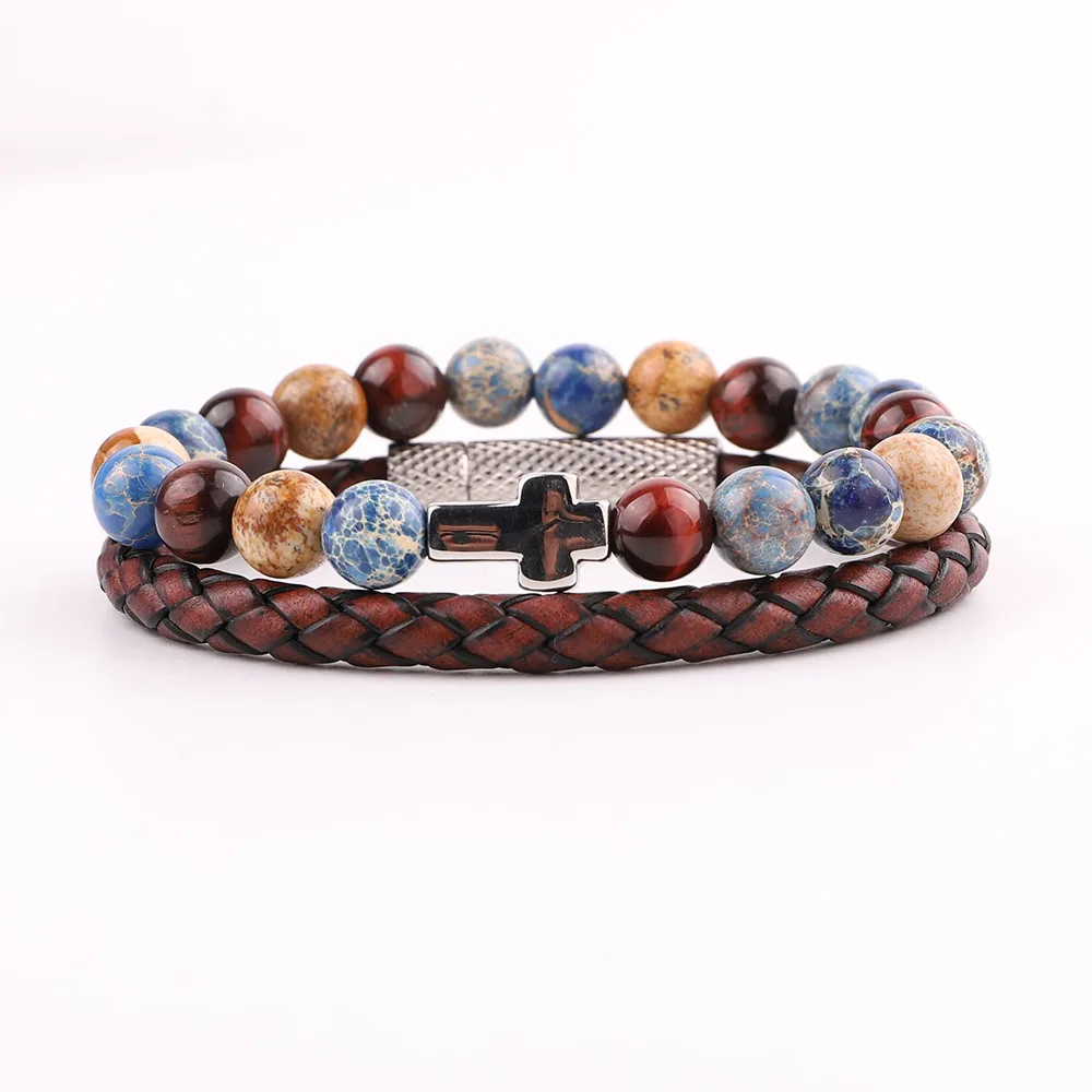 High Quality New Design Stainless Steel Cross Natural Stone Vintage Genuine Leather Bracelet Men