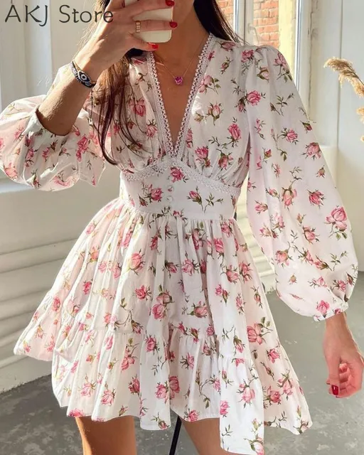 Women Floral Print Lantern Sleeve V 