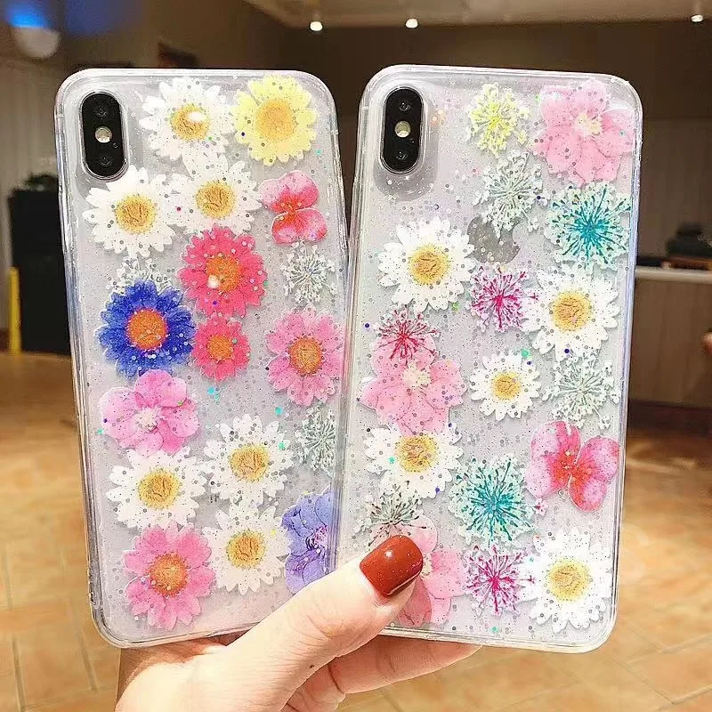 Блестящий лазерный чехол с искусственными настоящими цветами для IPhone X XS Max XR