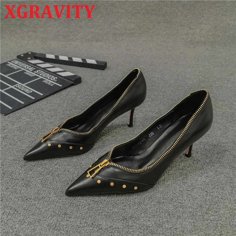 

XGRAVITY 2021 Pop Star Pointed Toe Zippe Heel Woman Shoes Deep V Design Lady Fashion Shoes Elegant European Women Shoes C094