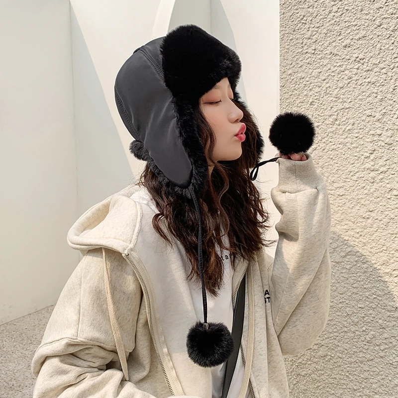 

Fashion Women's Winter Hat For Women Fluffy Earflap Ear Caps Skiing Ear protection ball Headgear warm Beanies hat bomber hat
