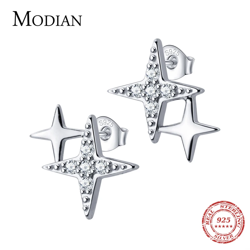 Modian Luxury Clear CZ Sparkling Stars Cute Galaxy Stud Earrings Fashion Female Real 925 Sterling Silver Jewelry For Women Gift