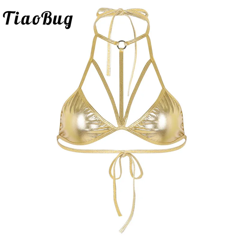 TiaoBug Блестящий металлический Холтер спереди Strappy Bralette клубный фестивальный рейв танцевальный костюм женский бикини топы купальники купальный костюм