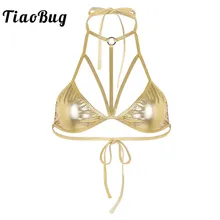 TiaoBug Блестящий металлический Холтер спереди Strappy Bralette клубный фестивальный рейв танцевальный костюм женский бикини топы купальники купальный костюм