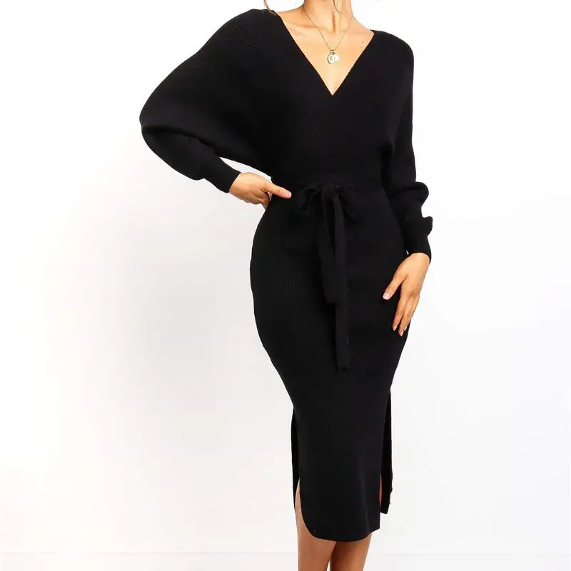 Длинное платье vestidos vestido Женское зимнее платье с длинным рукавом женское платье с v-образным вырезом трикотажные вечерние платья Длинные Сексуальные s m l xl - Цвет: 03