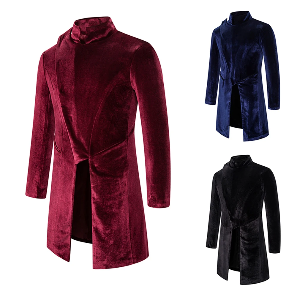 

Velvet Trench Coat Men Luxury Autumn Winter Fashion Long Coat Vintage Stand Collar Gothic Jacket Warm Fleece Overcoat Outwear