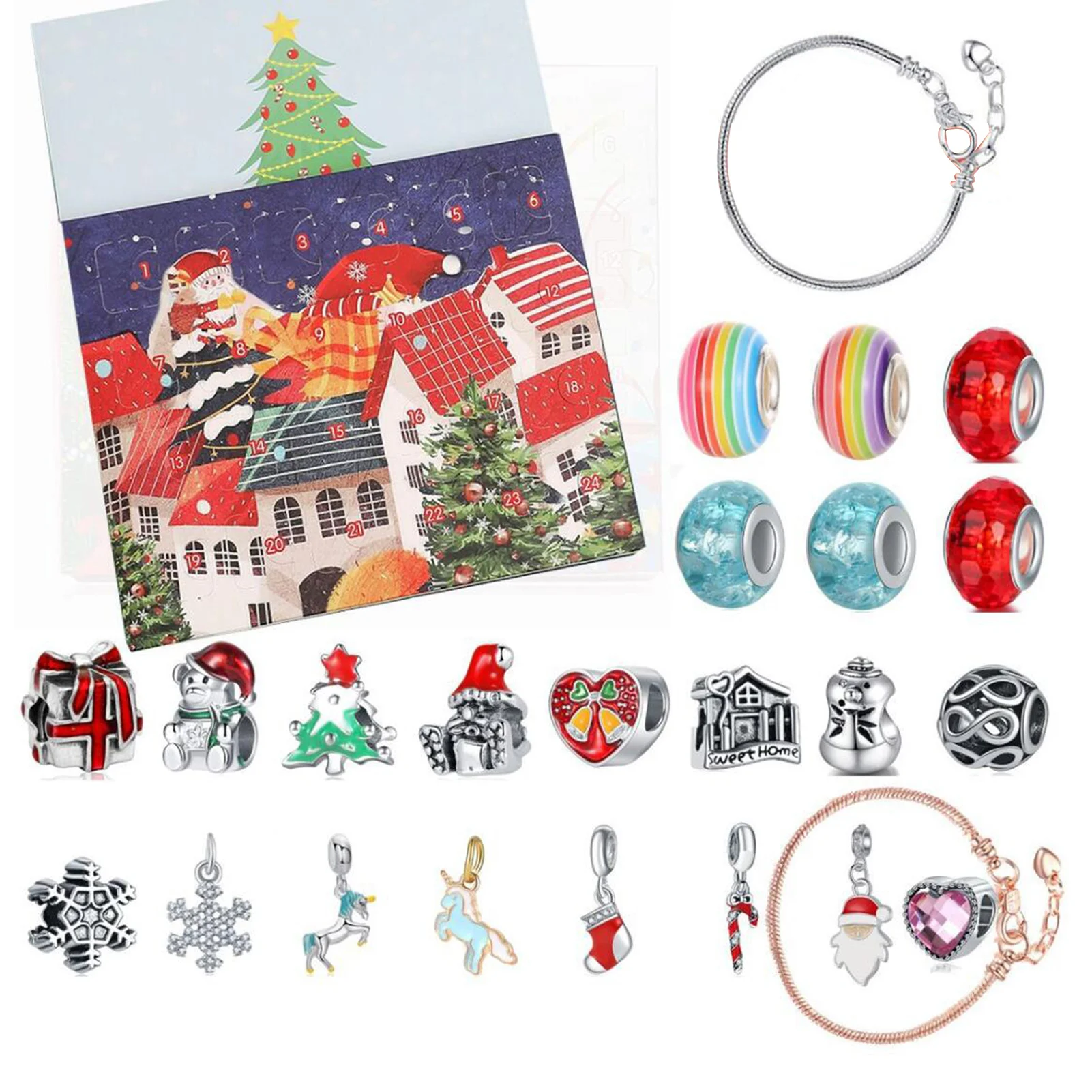 Advent Calendar Kids Christmas 24 Days Countdown Calendar Toys Christmas Charm DIY Bracelet Necklace Making Kit For Girls J