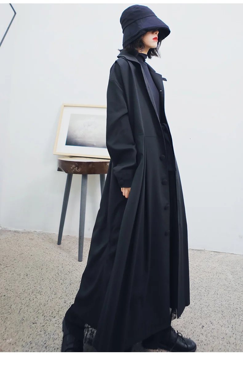 [DEAT] Women Black Pleated Brief Trench New Lapel Long Sleeve Loose Fit Windbreaker Fashion Tide Autumn Winter 13E557