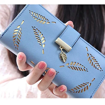 

Coin Large Capacity Fashion Pierced Leaf Luxury Buckle Party Long PU Leather Credit Card Women Wallet