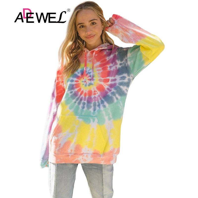 

ADEWEL Fashion Women Plus Size Hoodies Hip Hop Streetwear Multicolor Oversized Rainbow Tie Dye Hoodie Loose Sweatshirt XXL