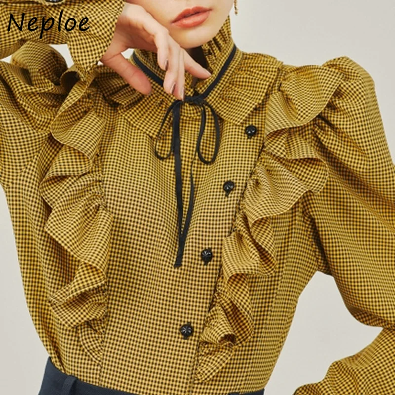 Neploe 2022 Japan Style Sweet Blusas New Women Blouses Stand Collar Drawstring Ruffled Button Puff Long Sleeved Solid Shirts | Женская