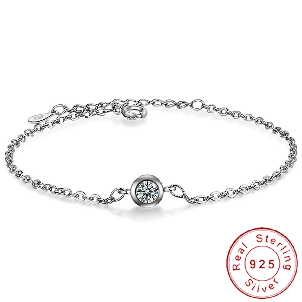 Минималистичный цельный браслет из стерлингового серебра 925 пробы с тонкой цепочкой, маленький круглый Фионит, браслет для девочек, детский браслет SB028