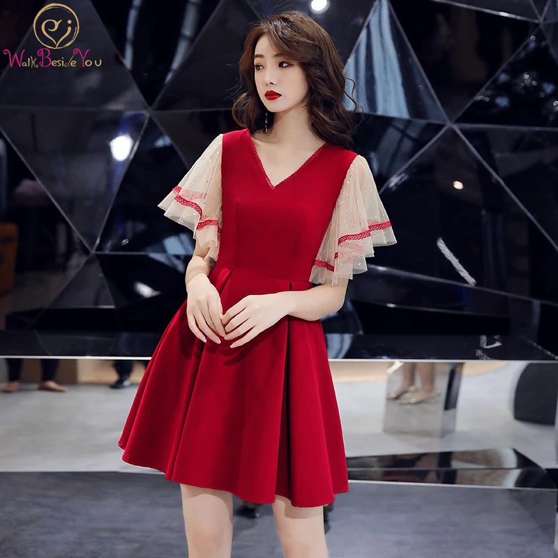 

Walk Beside You Short Prom Dresses 2020 A Line Burgundy Champagne Short Sleeve Mini V Neck Satin Cocktail Homecoming Party Gowns