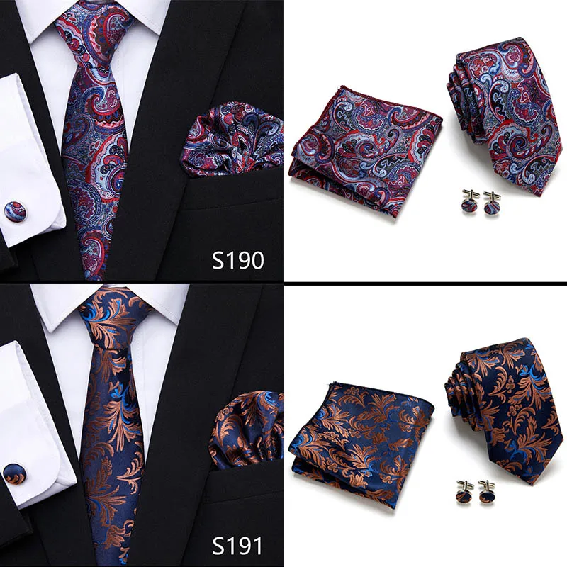 New Red Tie Silk Woven Men Necktie Hanky Cufflinks Set