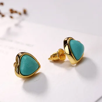 

Korean new fashion 100% real S925 sterling silver jewelry Turquoise natural stone heart stud earrings gold color for women
