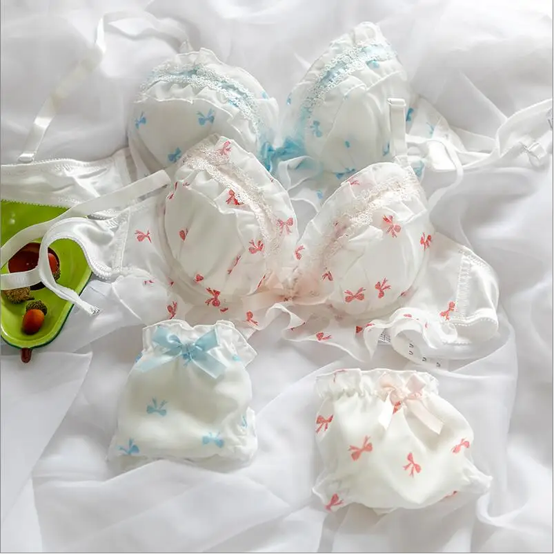 

Fairy Milk Silk Lace Underwear Set Students Japanese Sweet Lolita Soft Girl Cute Bow Printed Push Up Underwire Bra & Pantie