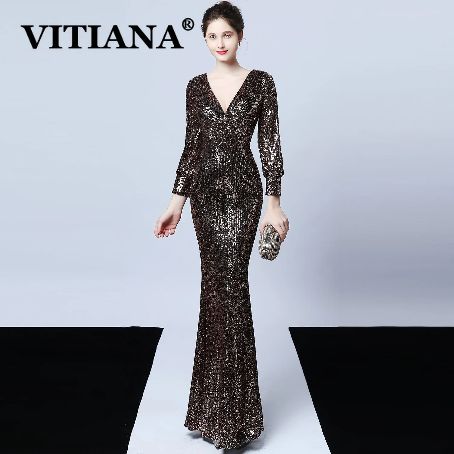 VITIANA Women Sequined Long Dress For Womens Autumn 2020 Female Sleeve Deep V-Neck Sexy Party Dresses Femme Night Vestidos | Женская