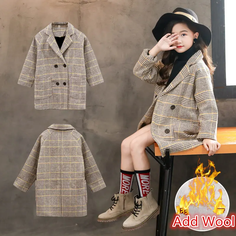 

Fashion Kids Girls Overcoat Plaid Wool Winter Coat for Girls Teens Autumn Jacket Thicken Long Outerwear Children Windproof 4-13Y