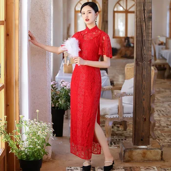 

Red Plus Size 3XL Short Sleeve Classic Women Lace Cheongsam Elegant Long Sexy Qipao Summer Embroidery Dress Mandarin Collar