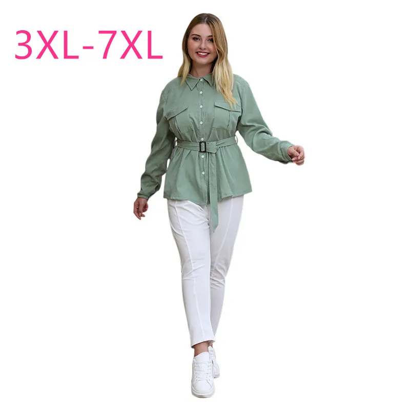 

2020 new spring autumn plus size tops for women blouse large long sleeve loose casual lapel shirt belt green 3XL 4XL 5XL 6XL 7XL