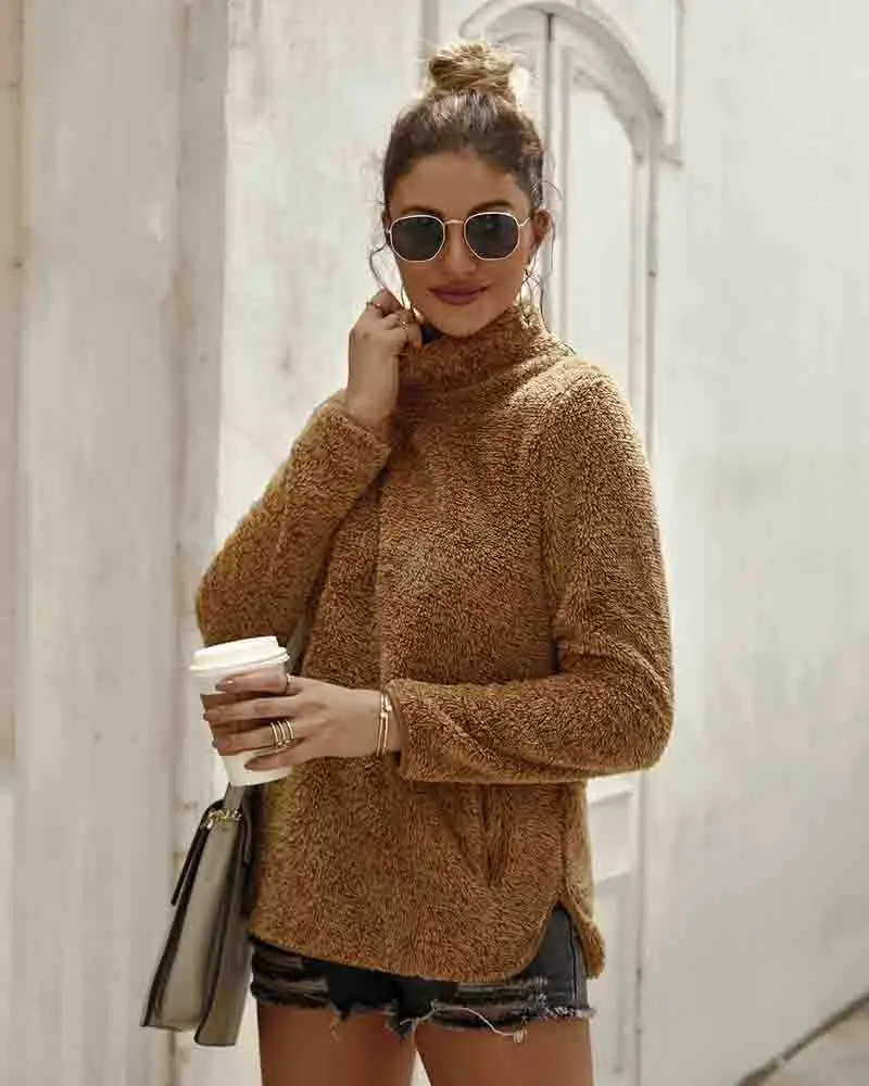 wonderful  Autumn Winter Plush Coat Loose Pocket Hoodie Women Soft Knitted Casual Sweaters Outerwear Female Th
