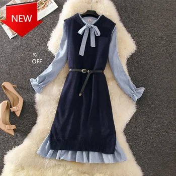 

Dresses Knitted Long Sweater And Ruffles Lady Elegant othing Top Quality 2020 Autumn New 2 Pieces Women