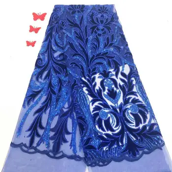 

African Velvet Lace Fabric French Lace Fabric with blue High Quality Sequin Embroidery Tulle Lace Fabric for Wedding FFJ-113