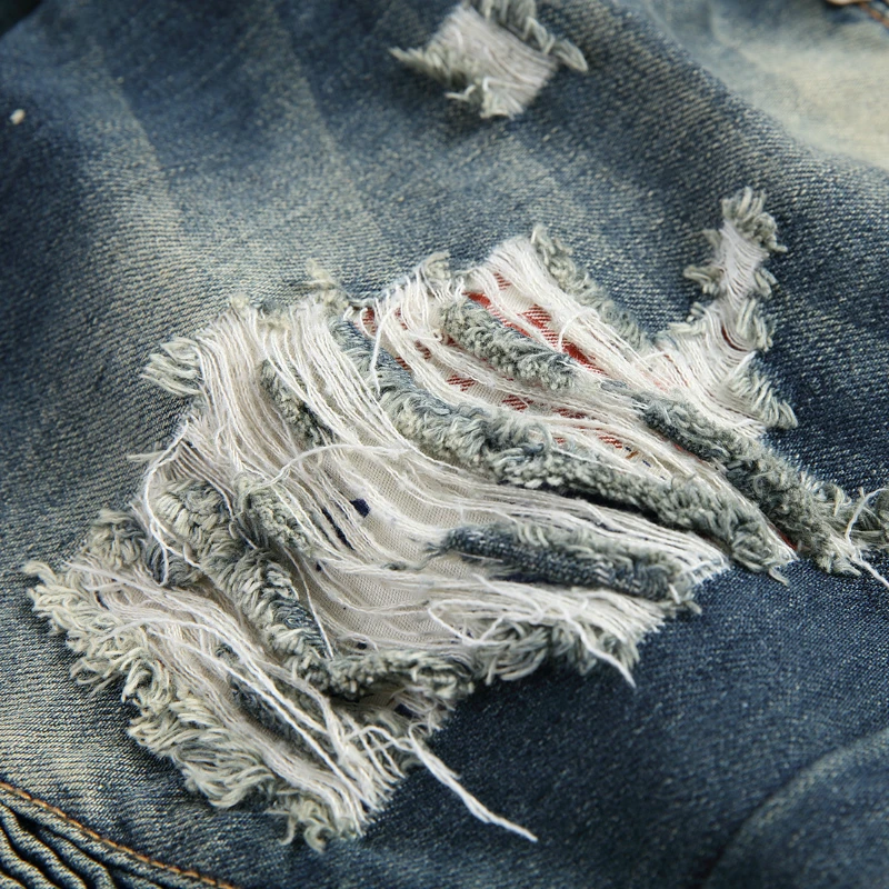 Discount Men's Jeans Retro Nostalgia Embroidered Hole Motorcycle Slim Stretch Pants Moto & Biker Full Length Skinny Jeans Distressed