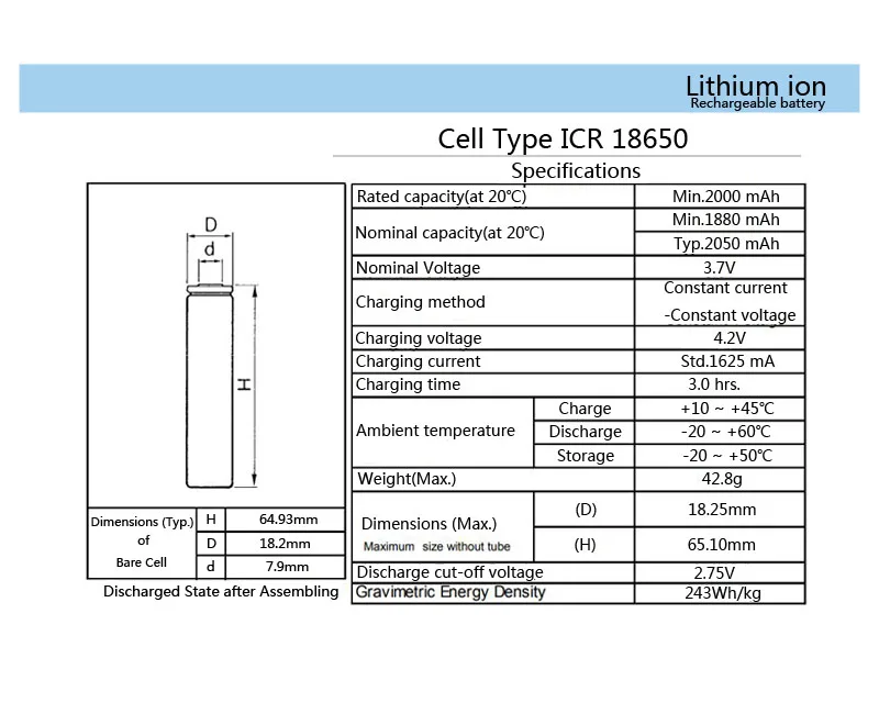 18650 3,7 v 2000 mah аккумулятор ICR18650 для фонарика батареи 18650 литий-ионные батареи