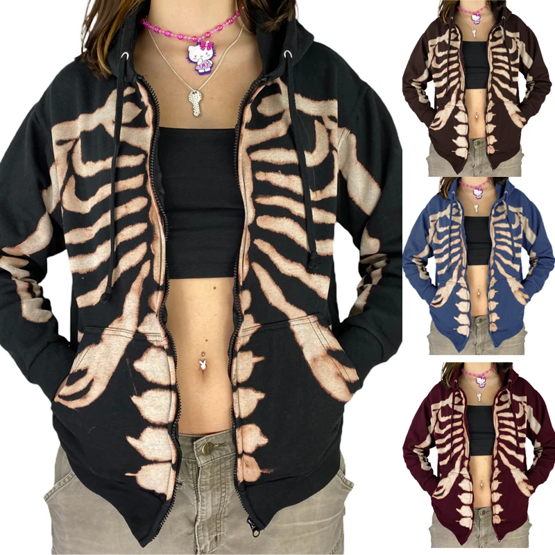Women's Skull Full Zip Hoodies Y2K Oversized Skeleton Graphic Zip Up